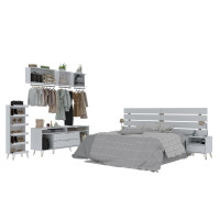 Manhattan Comfort 153GMC1 Rockefeller 7-Piece Bedroom Set with Headboard, Nightstand, TV Stand, Shoe Storage and Floating Hanging Shelves in White
